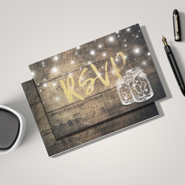 Rustic Wood & Mason Jar String Lights Wedding RSVP Invitation Postcard (Creator Uploaded)