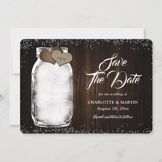 Rustic Wood Mason Jar String Lights Wedding Save The Date (Front)