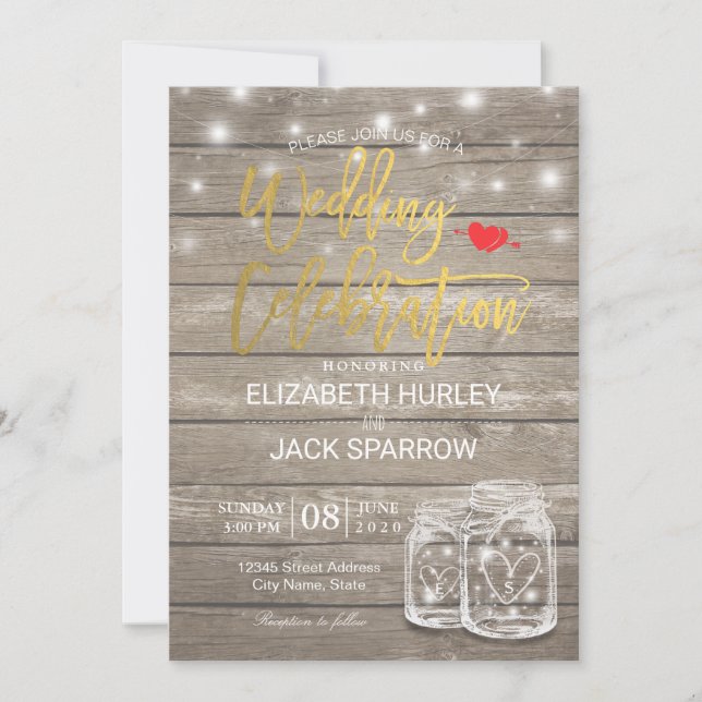 Rustic Wood Mason Jar String Lights Wedding Shower Invitation (Front)