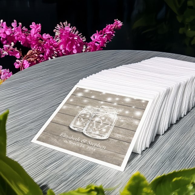 Rustic Wood Mason Jar String Lights Wedding Shower Napkin (Creator Uploaded)