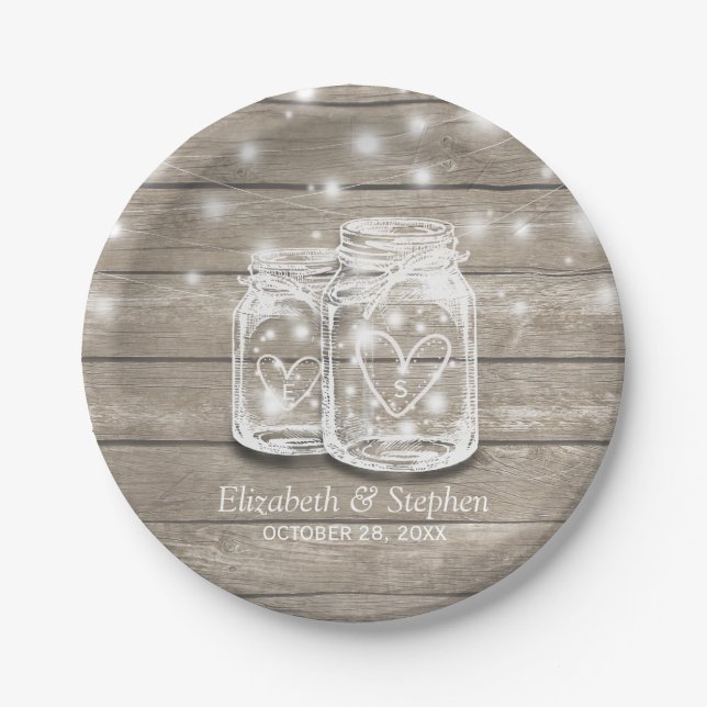 Rustic Wood Mason Jar String Lights Wedding Shower Paper Plate (Front)
