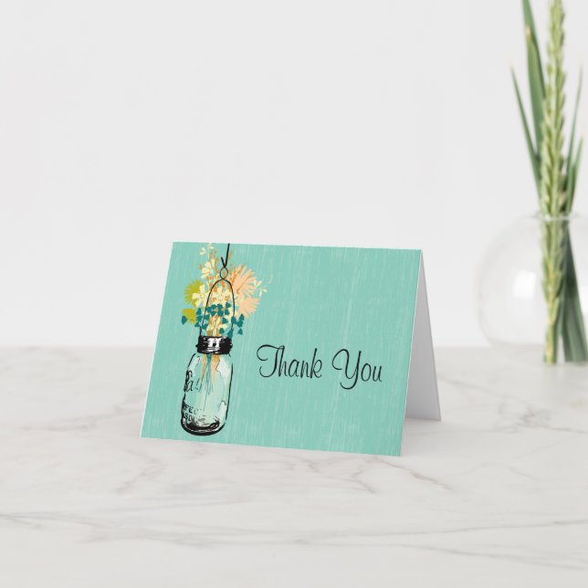 Rustic Wood Mason Jar Wildflowers Thank You Card (Front)