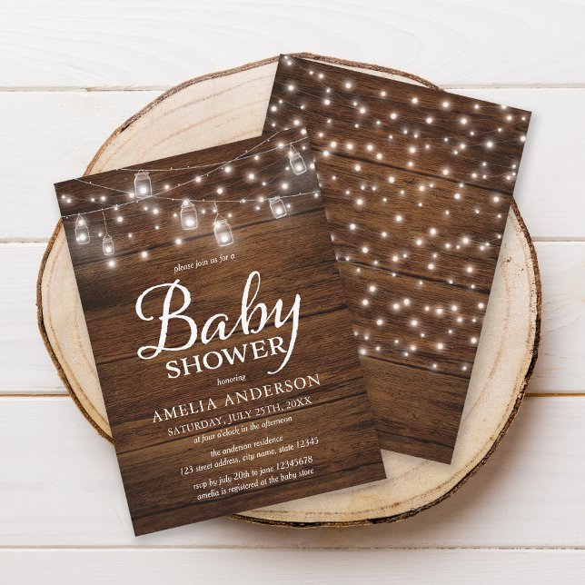 Rustic Wood Mason Jars and Lights Baby Shower Invitation (Creator Uploaded)