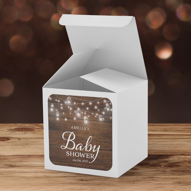 Rustic Wood Mason Jars and Lights Baby Shower Square Sticker (Creator Uploaded)