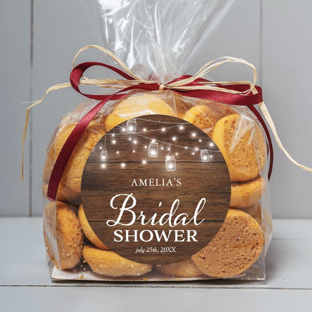 Rustic Wood Mason Jars and Lights Bridal Shower Classic Round Sticker (Creator Uploaded)
