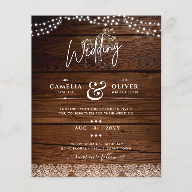 Rustic Wood Mason Jars Lights Gypsophila Wedding Flyer (Front)