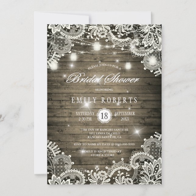 Rustic Wood Mason Jars Lights Lace Bridal Shower Invitation (Front)