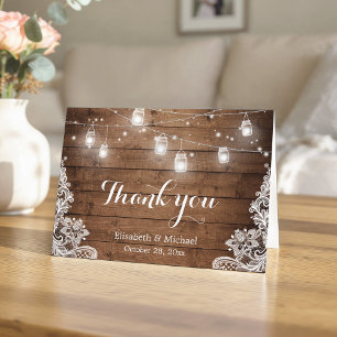 Rustic Wood Mason Jars Lights Lace Thank You Card