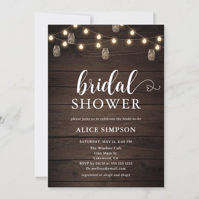 Rustic Wood Mason Jars Script Heart Bridal Shower Invitation (Front)