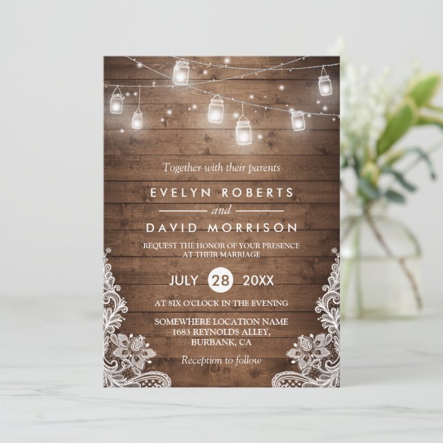Rustic Wood Mason Jars String Lights Lace Wedding Invitation (Standing Front)