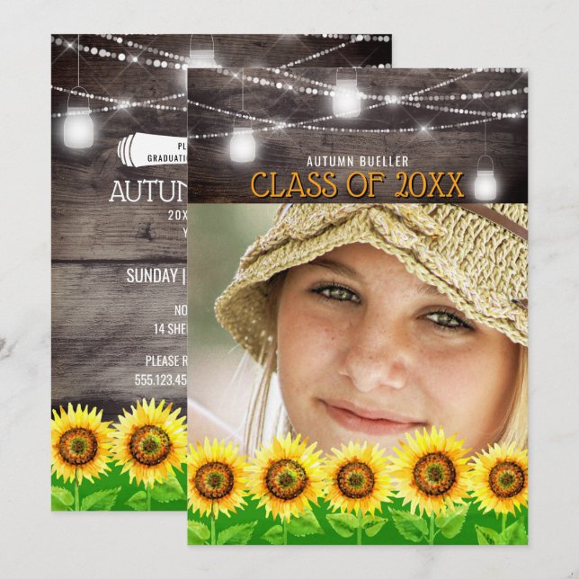 Rustic Wood Mason Jars Sunflower Photo Graduation Invitation (Front/Back)
