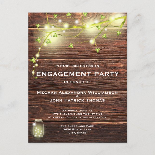 Rustic Wood Mason String Lights Engagement Party Postcard (Front)