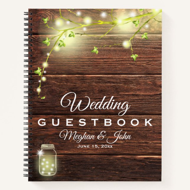 Rustic Wood Mason String Lights Wedding Guest Book (Front)