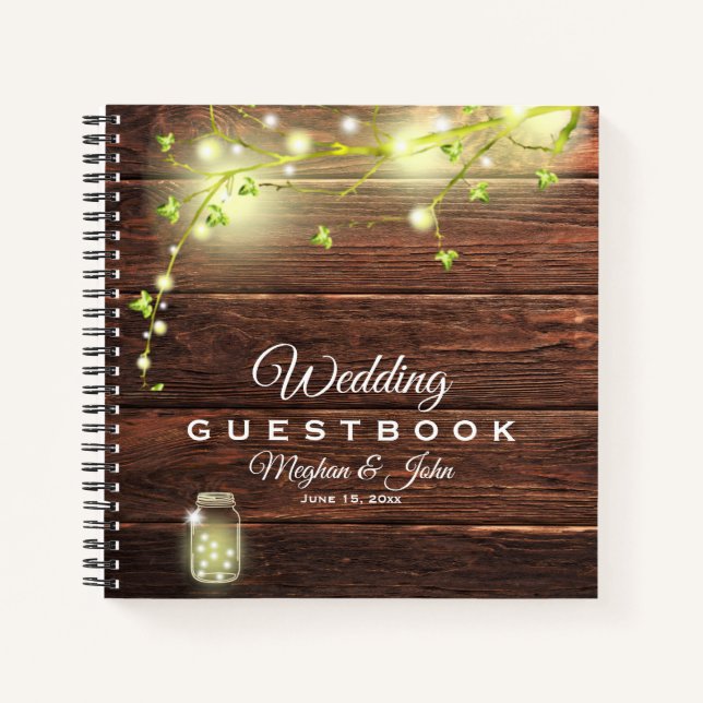 Rustic Wood Mason String Lights Wedding Guest Book (Front)
