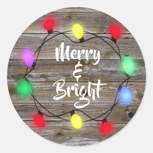 Rustic Wood Merry and Bright Christmas Lights Classic Round Sticker (Front)