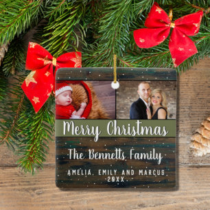 Rustic Wood Merry Christmas 2 Photo Holiday Ceramic Ornament