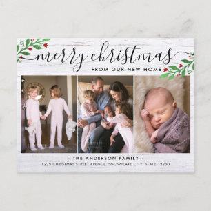 Rustic Wood Merry Christmas 3 Photo Holiday Moving Announcement Postcard