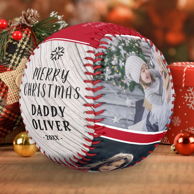 Rustic Wood Merry Christmas Daddy 3 Photo Collage Baseball (Creator Uploaded)