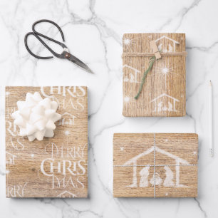 Rustic Wood Merry CHRISTmas Nativity Christian Whi Wrapping Paper Sheet