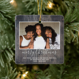 Rustic Wood Merry Christmas Script Family Photo Ceramic Ornament
