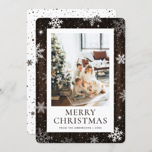 Rustic Wood Merry Christmas Snowflake Snow Photo Holiday Card