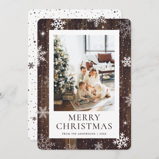 Rustic Wood Merry Christmas Snowflake Snow Photo Holiday Card (Front/Back)