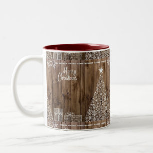 Rustic Wood Merry Christmas Snowflake  Two-Tone Coffee Mug