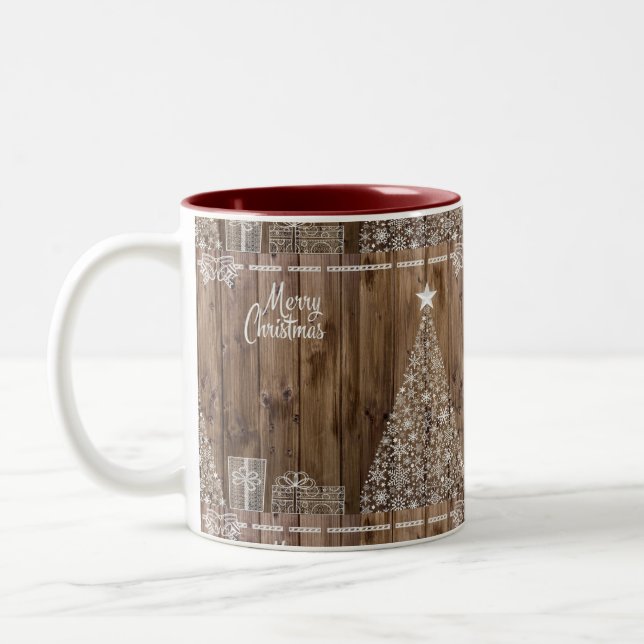 Rustic Wood Merry Christmas Snowflake  Two-Tone Coffee Mug (Left)