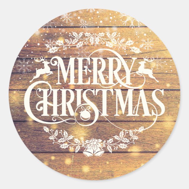 Rustic Wood Merry Christmas Snowflakes Classic Round Sticker (Front)