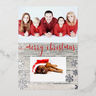 Rustic Wood Merry Christmas Snowflakes Script Foil Holiday Card