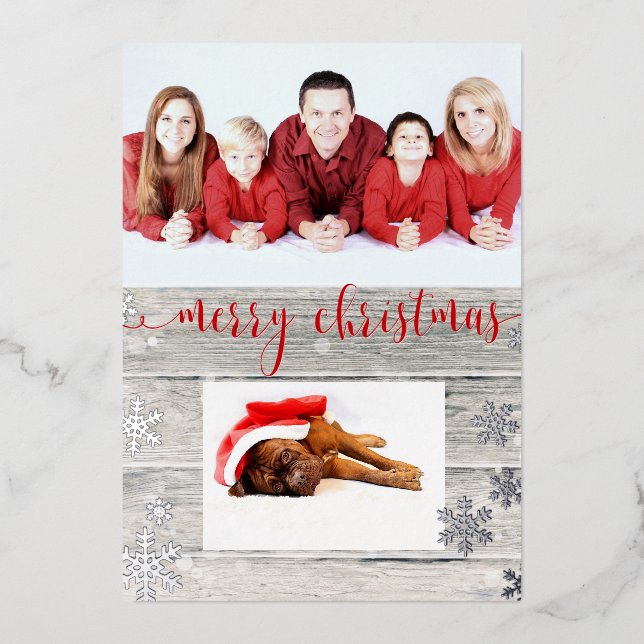 Rustic Wood Merry Christmas Snowflakes Script Foil Holiday Card (Front)