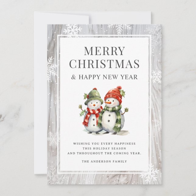 Rustic Wood Merry Christmas Snowman Holiday Card (Front)