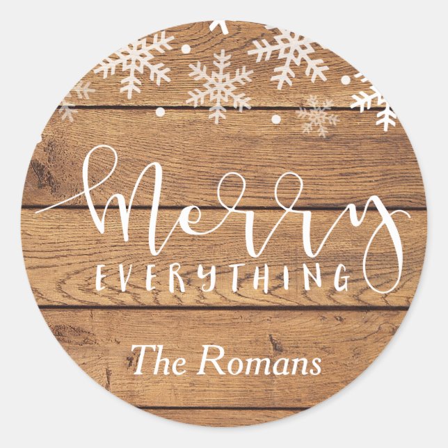 Rustic Wood Merry Everything Holiday GIft Classic Round Sticker (Front)