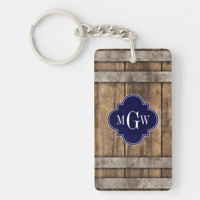 Rustic Wood Metal Band Navy Quatrefoil 3 Monogram Key Ring (Front)