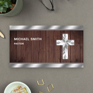 Rustic Wood Metallic Jesus Christ Cross Pastor Business Card