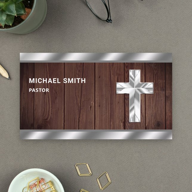 Rustic Wood Metallic Jesus Christ Cross Pastor Business Card (Creator Uploaded)