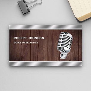 Rustic Wood Metallic Microphone Voice Over Artist Business Card