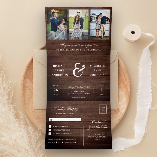 Rustic Wood Minimal 3 in 1 Photo Collage Wedding Tri-Fold Invitation (Creator Uploaded)