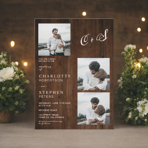 Rustic wood minimalist initials 4 photos wedding invitation