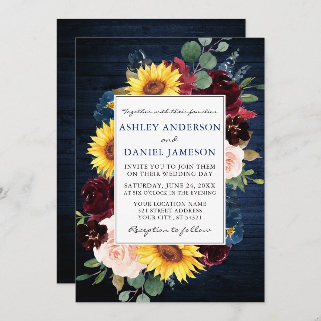 Rustic Wood Mixed Floral Frame Blue Wedding Invitation (Front/Back)