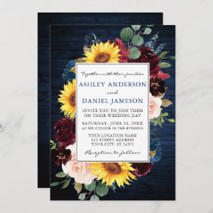 Rustic Wood Mixed Floral Frame Blue Wedding Invitation