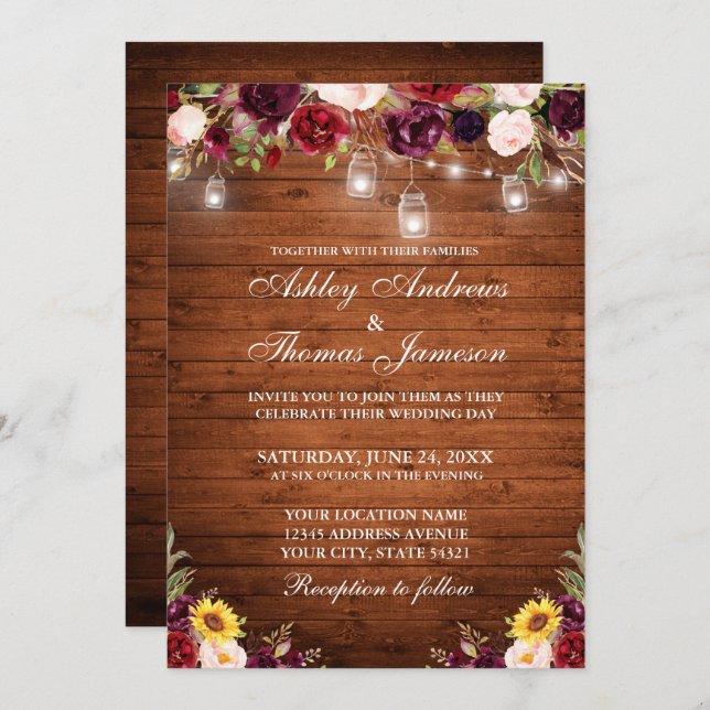 Rustic Wood Mixed Floral Jar Lights Wedding Invitation (Front/Back)