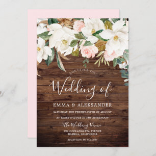 Rustic Wood Modern Blush & White Flowers Wedding Invitation
