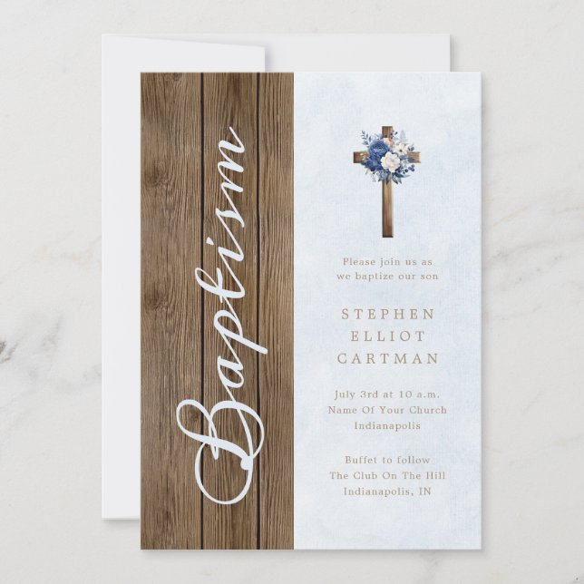 Rustic Wood Modern Elegant Script Blue Baptism Invitation (Front)