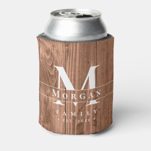 Rustic Wood Monogram Custom Last Name favour  Can Cooler
