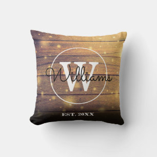Rustic Wood Monogram Elegant Script Cushion