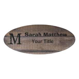 Rustic Wood Monogram Employee Name Tag