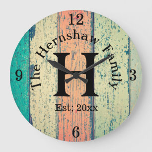Rustic Wood Monogram Family Large Clock