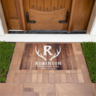 Rustic Wood Monogram Family Name Deer Antler Lake Doormat