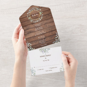 Rustic Wood Monogram Greenery Floral Wedding All In One Invitation